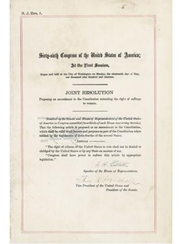 Joint Resolution “Proposing an amendment to the Constitution extending the right of suffrage to women,” courtesy of the National Archives and Records Administration (NARA).