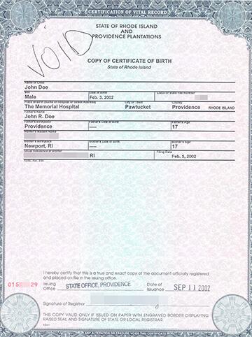 Image of a sample United States birth certificate