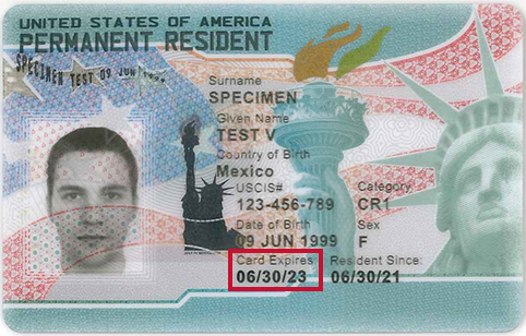 Sample green card demonstrating where to find the expiration date on your Green card