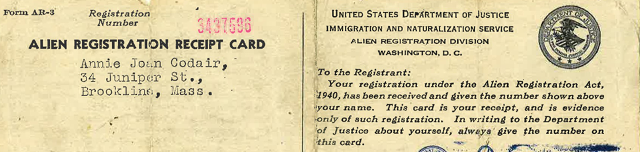 Historical photo of a Alien Registration Card Receipt
