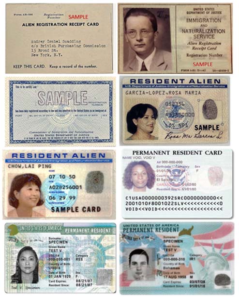 Pictures of various green cards throughout the years