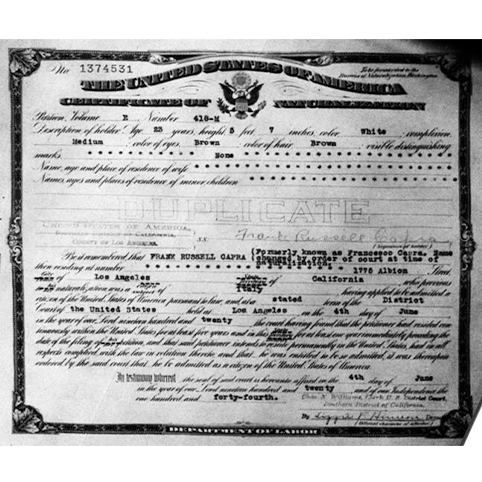 Image of the naturalization certificate for Francesco Capra