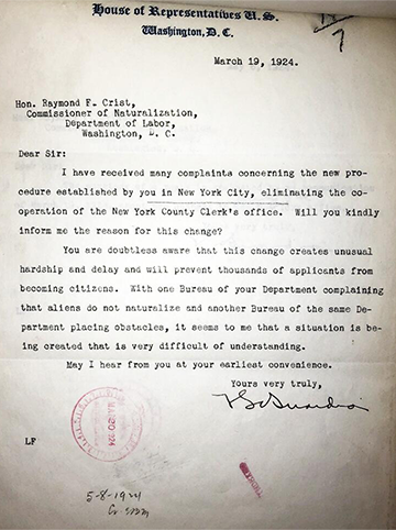 Correspondence from Congressman La Guardia regarding changes to the Bureau  of Naturalization that he feared would negatively impact immigrants’ ability to naturalize. Courtesy of the National Archives.