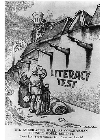 Illustration: This Political cartoon by Raymond O. Evans originally appeared in the magazine Puck in March 1916.  It portrays the literacy test eventually introduced by the Immigration Act of 1917 as a wall preventing many immigrants from entering the U.S. Courtesy of the Library of Congress.