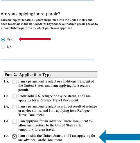 Form Screen shot that explains Part 2 Are you applying for re-parole