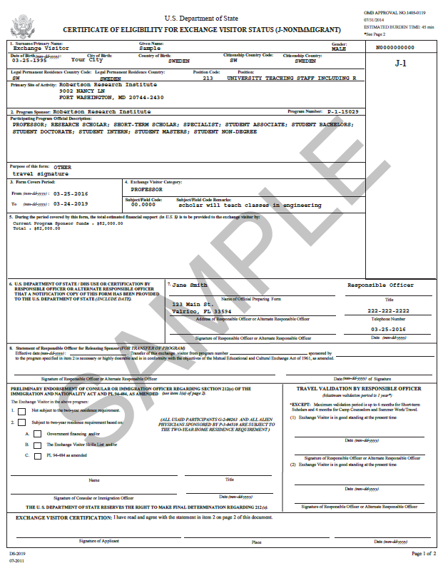 Image of DS-2019, Certificate of Eligibility for Exchange Visitor (J-1) Status