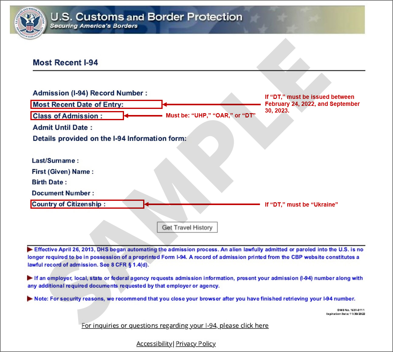 Sample form I-94 