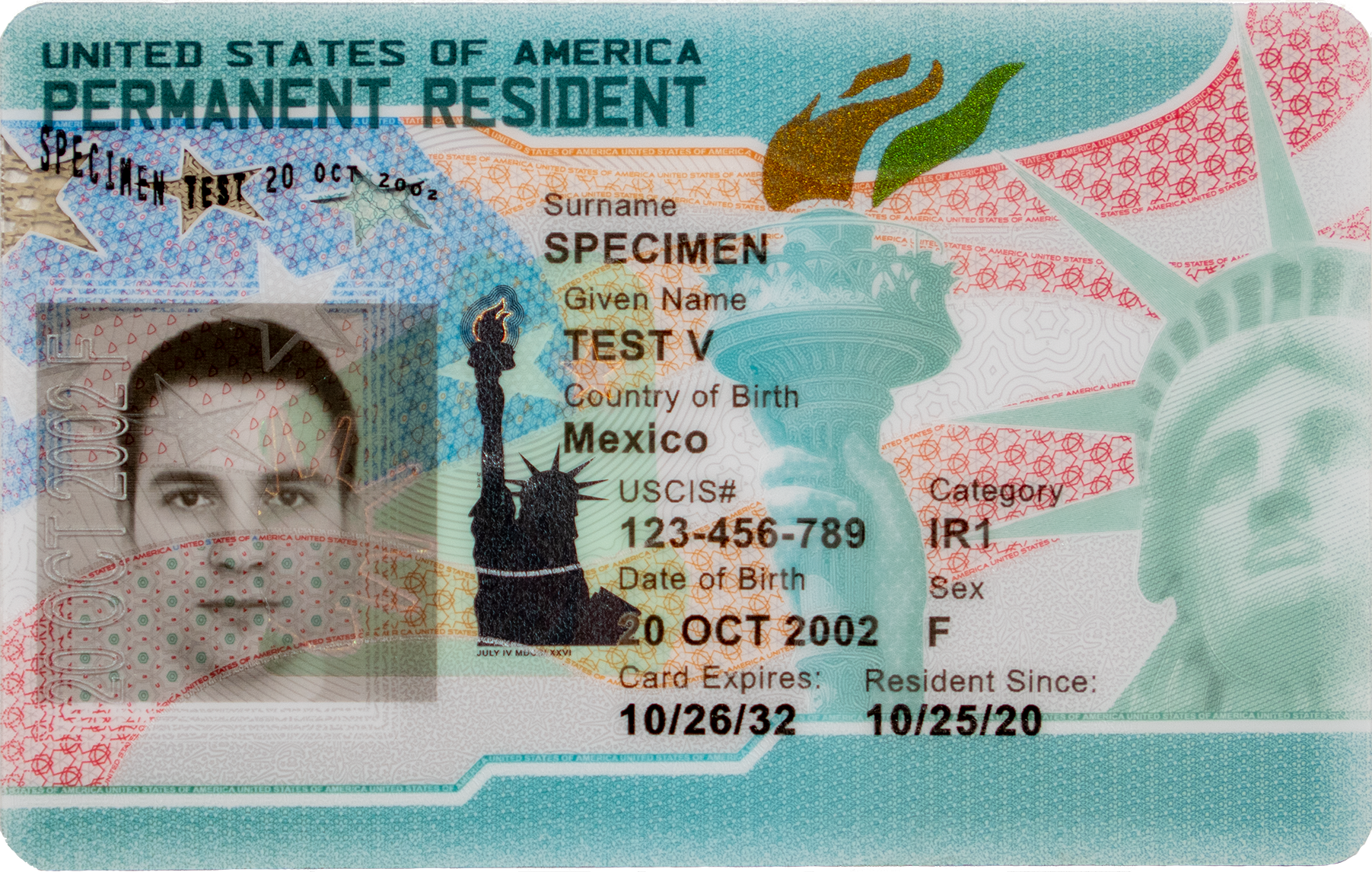 Front side of current United States Permanent Resident Card specimen (sample)