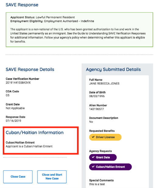 Sample SAVE response regarding I-9 Verification