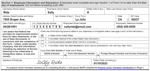 Sample of how to fill in Section 1 of the Employee information and attestation how 