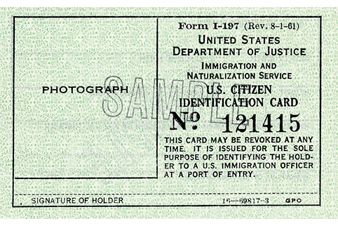 Sample of Form I-197, U.S. Citizen ID Card