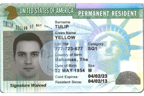 Image of the Front of a Permanent Resident Card with the signature waived