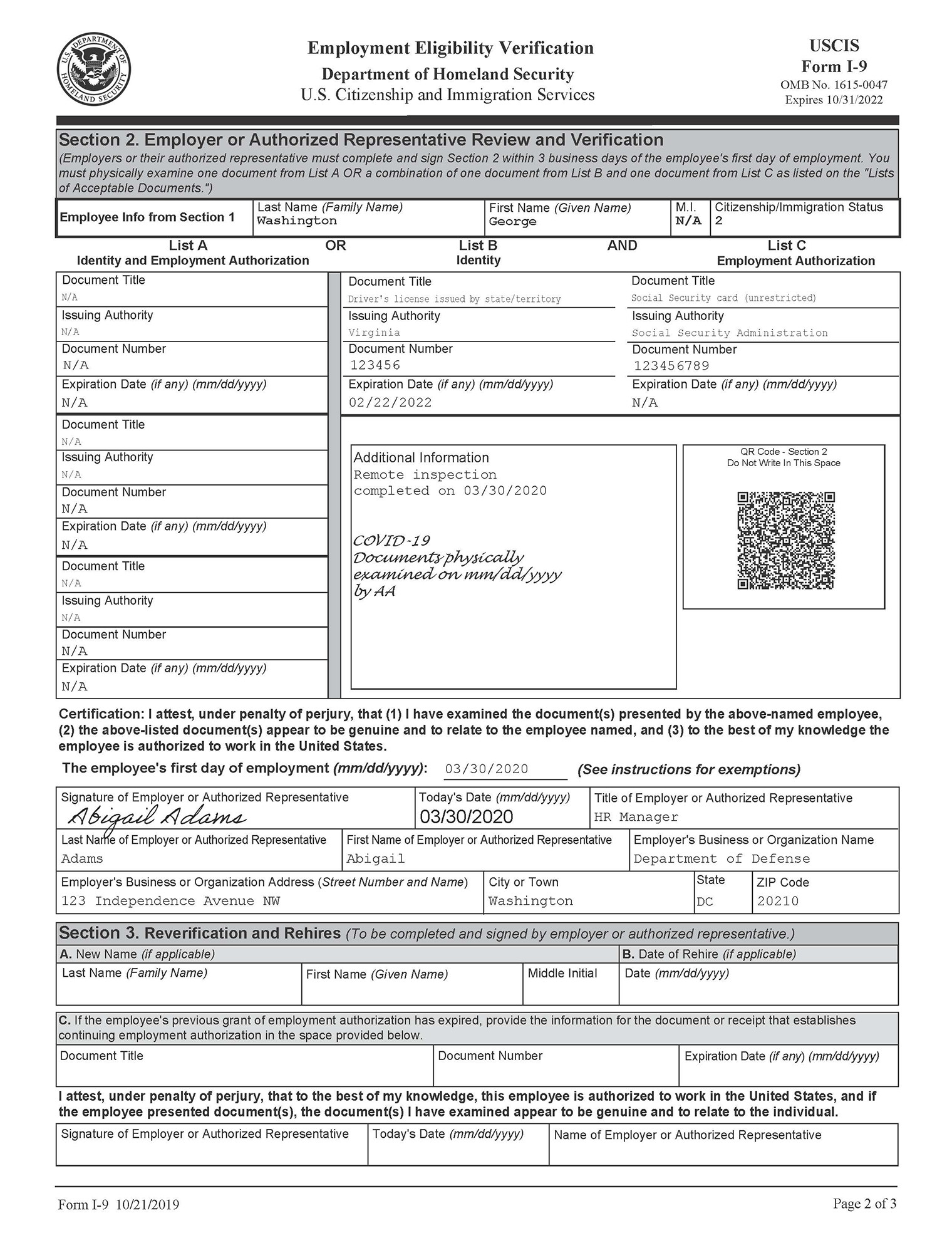 Sample Form I9 with remote inspection notation in the additional information section has an added notation that says " COVID 19 Documents physically examined on (Date) by (Signature of person reviewing documents)