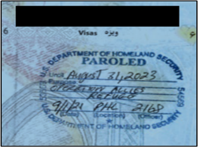 Parole Stamp in Passport with OAR COA