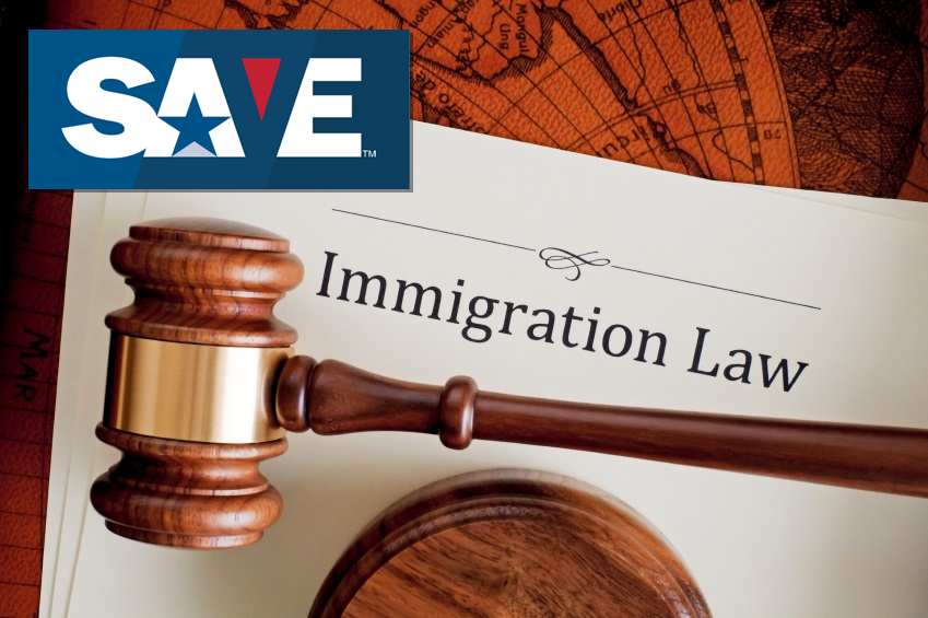 Picture of a gavel and a paper that says "Immigration Law" about the paper and the gavel is the SAVE logo.