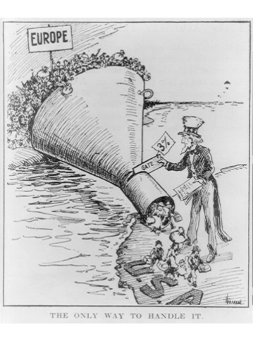 Illustration: This 1921 cartoon interpreted the Emergency Quota Act of 1921 as a funnel across the Atlantic Ocean that reduced the stream of immigrants trying to enter the U.S. It was published in The Literary Digest on May 7, 1921 and originally drawn for the Providence Evening Bulletin.  Courtesy of the Library of Congress. 
