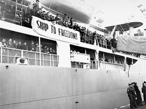 Image of Displaced persons seeking to immigrate to the U.S. line the decks of the General Black as it leaves the port of Bremerhaven, October 1948. Nicknamed the "Ship to Freedom" by its passengers, it brought 813 European Displaced Persons from eleven nations to the U.S. the provisions of the newly enacted Displaced Persons' Act, the first group allowed to enter under the new quota. *United States Holocaust Memorial Museum, courtesy of National Archives and Records Administration, College Park.