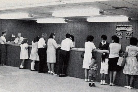 Image of Information counter and waiting room at the Cuban Adjustment Center, Miami.  *Annual Report of the Immigration and Naturalization Service, 1967.